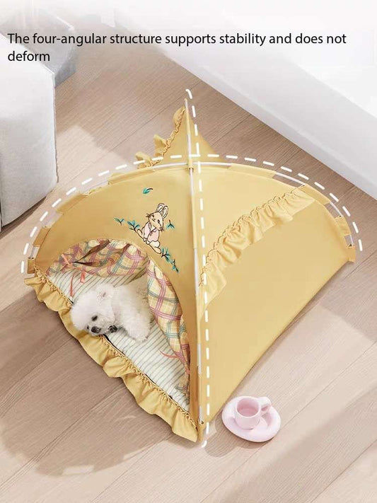 Cute Indoor Cat Tent Bed – Foldable Pet House with Curtains & Soft Cushion
