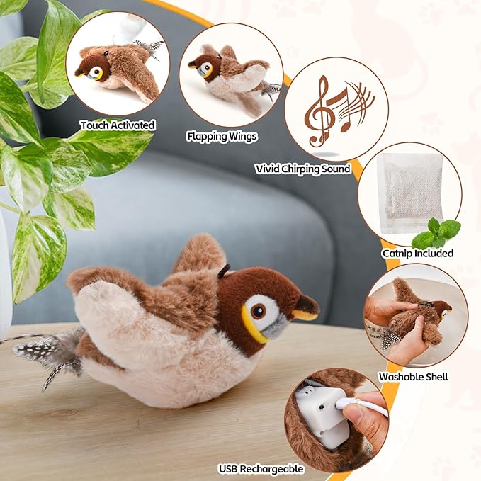 Chirping Cute Sparrow flapping Bird cat toy