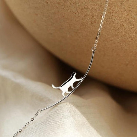 Walking Cat Curved Silver Necklace