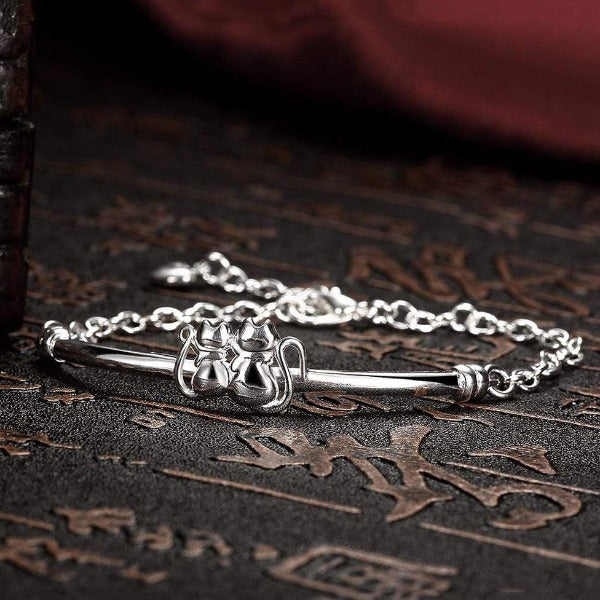 925 Sterling Silver Cat Couple Bracelet