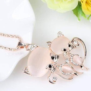Elegant Pink Crystal Cat Necklace