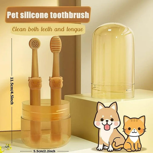 Pet Toothbrush, Pet Silicone Toothbrush Cat & Dog Tooth Brushing Kit with Storage Cup