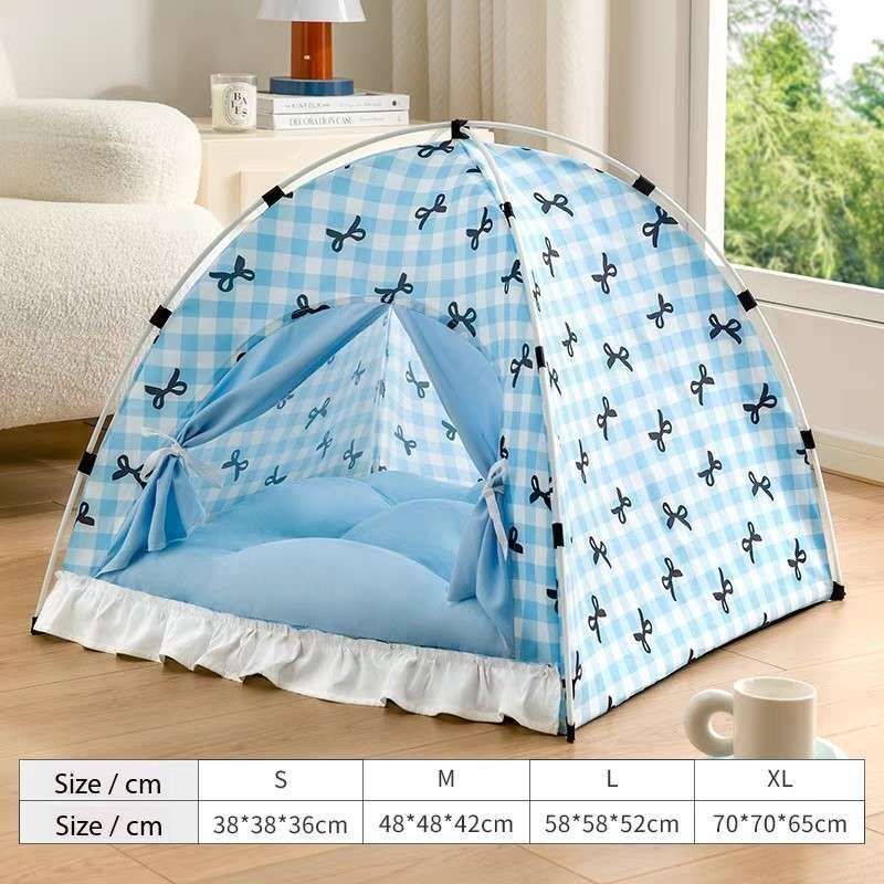 Cute Indoor Cat Tent Bed – Foldable Pet House with Curtains & Soft Cushion