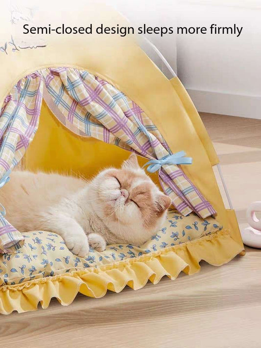 Cute Indoor Cat Tent Bed – Foldable Pet House with Curtains & Soft Cushion