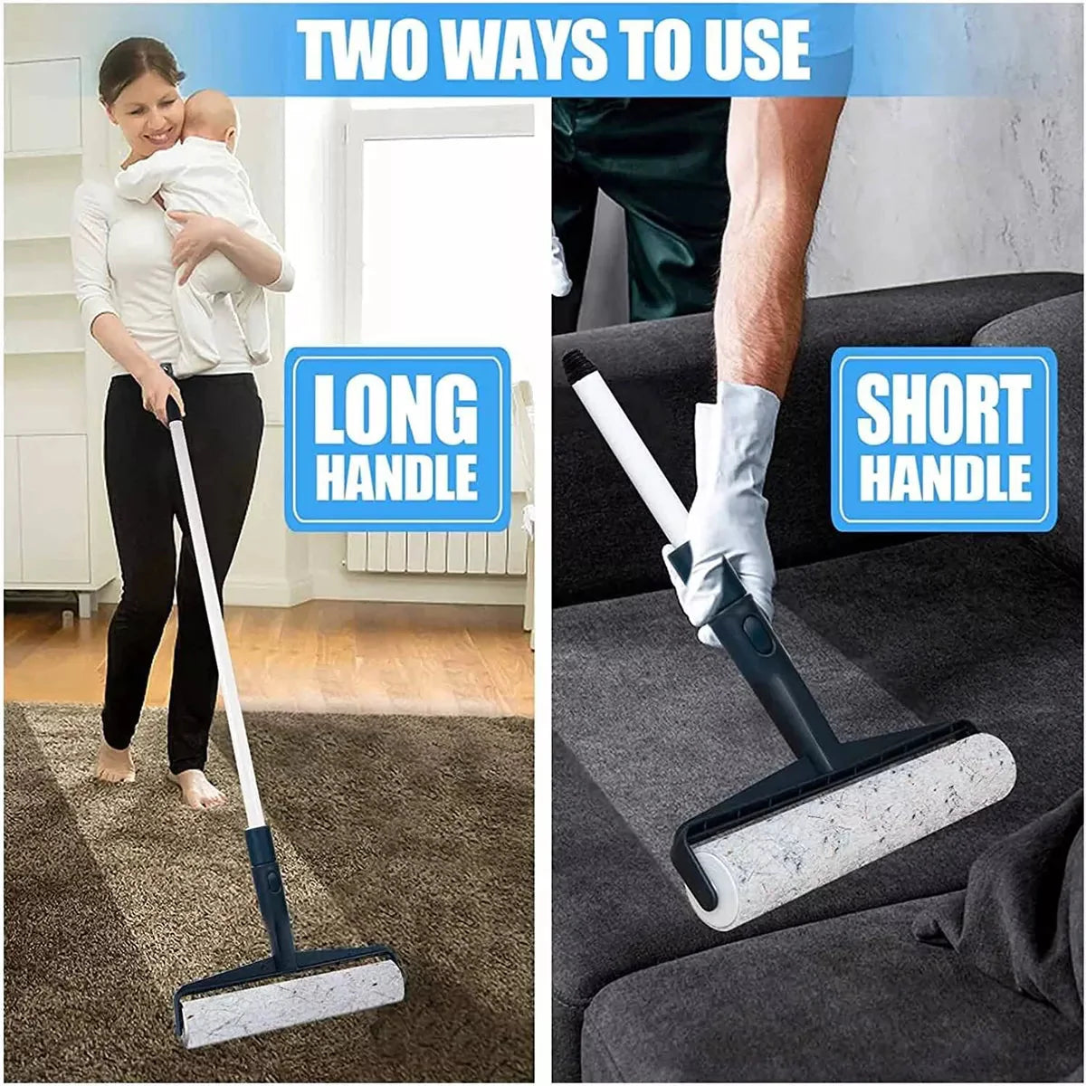 Long Handle Sticky Lint Roller Floor Carpet Clothes Pet Hair Remover