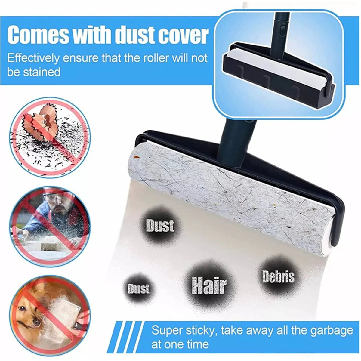 Long Handle Sticky Lint Roller Floor Carpet Clothes Pet Hair Remover