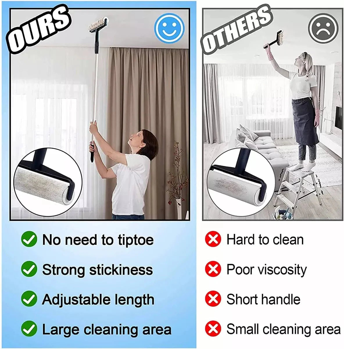 Long Handle Sticky Lint Roller Floor Carpet Clothes Pet Hair Remover